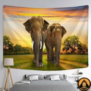 Tenture-Murale-Elephant-en-polyester-representation-2-elephants-en-marche-dans-la-savane-La-Maison-de-Bouddha