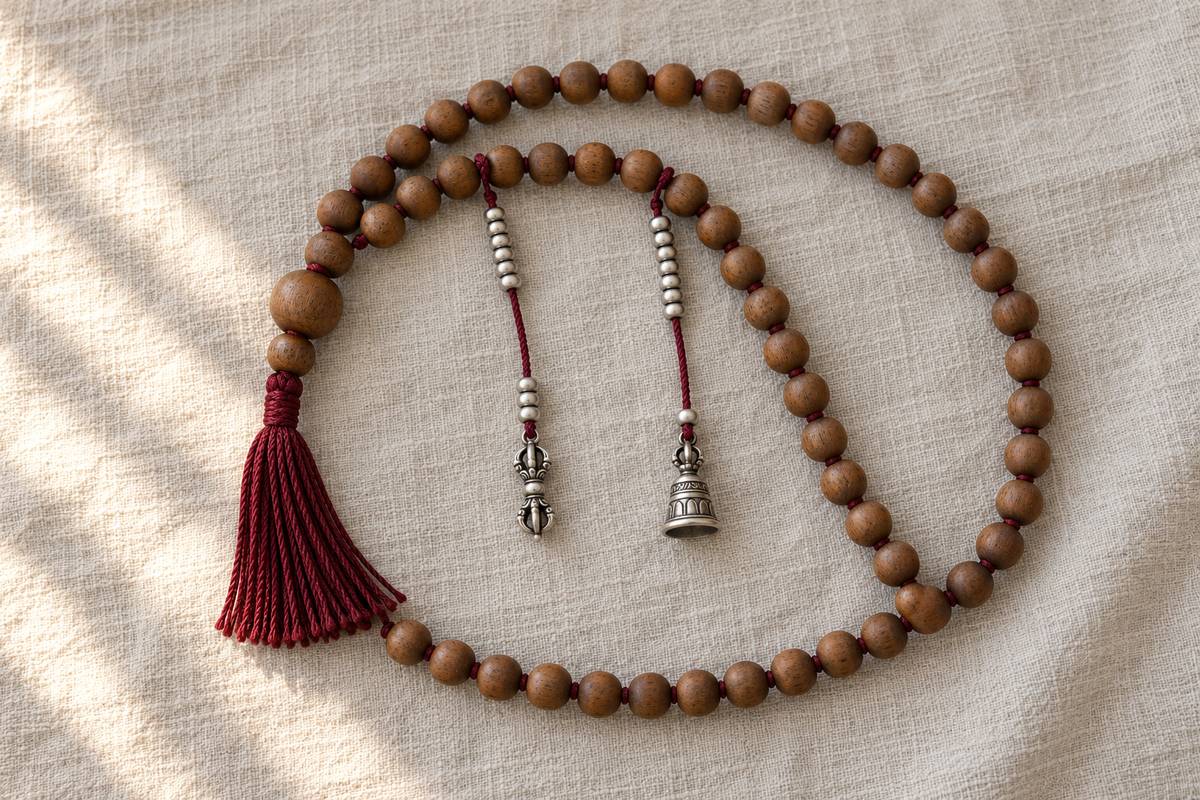 Compteurs dorje et cloche à dix grains d'argent fixés sur un mala tibétain