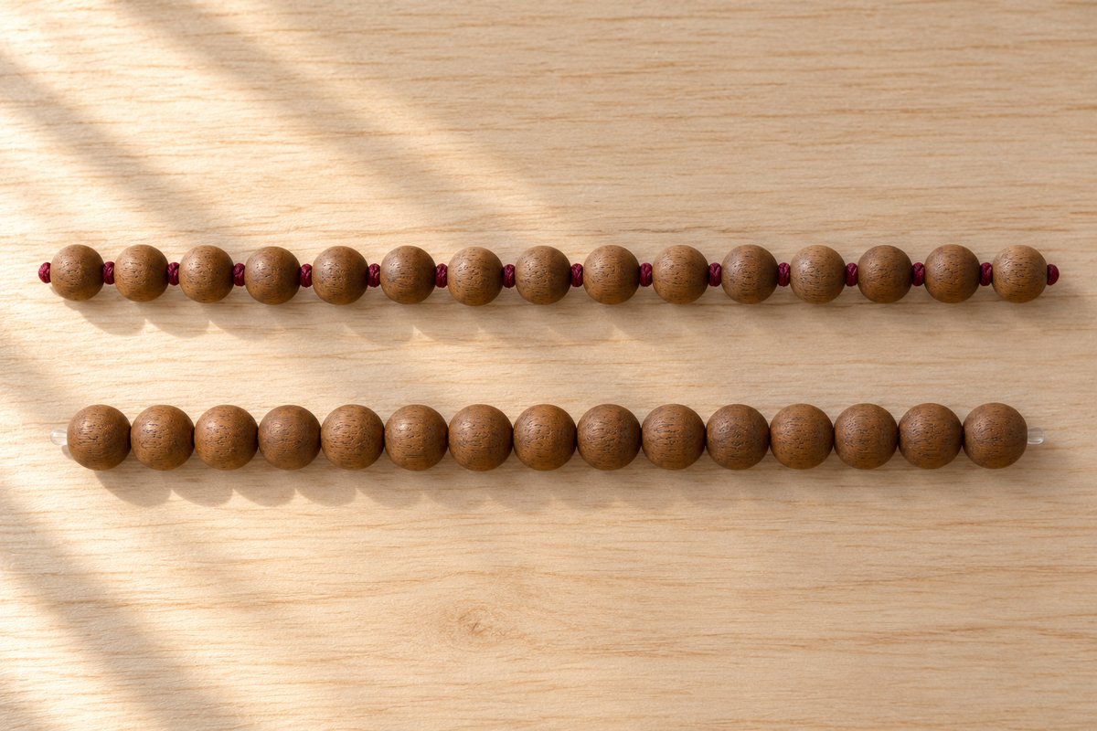 Perles de mala nouées une à une à côté de perles serrées sur élastique