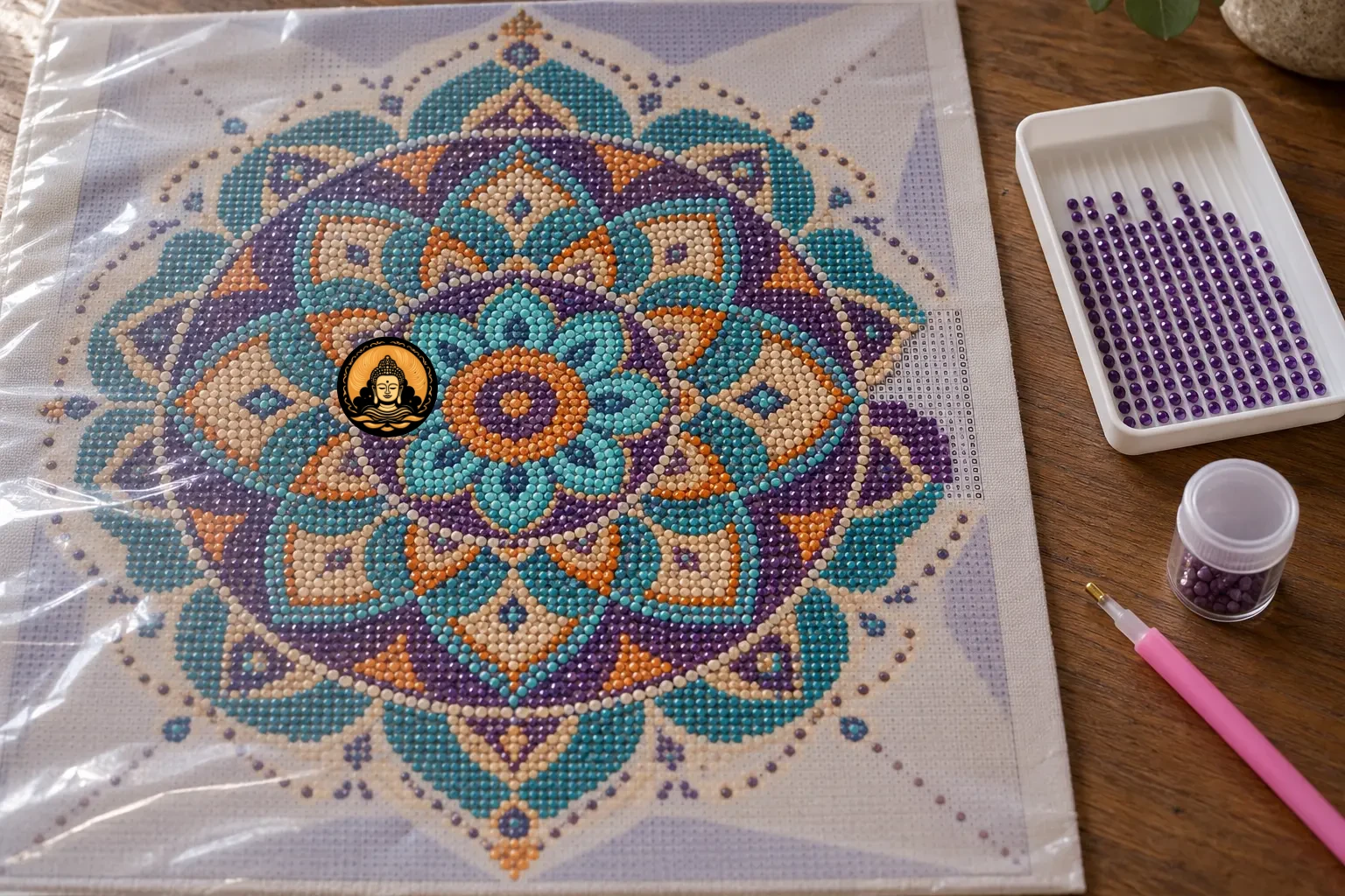 Mandala en broderie diamant posé à plat avec plateau de strass dans un bac à rebord.